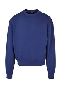 Sudadera azul marino con cuello redondo, mangas largas y puños y bajo de canalé. Fabricada con un suave material de algodón, presenta un diseño sencillo.