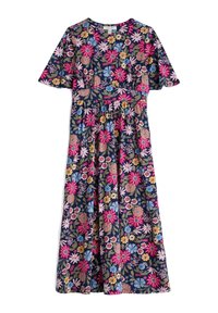 Robe maxi fleurie à manches courtes, fond marine, avec des fleurs colorées en rose, jaune et bleu. Comprend un design de taille froncée.