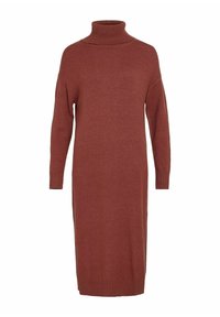 Robe col roulé à manches longues de couleur rouille, coupe décontractée, avec poignets et ourlet côtelés, confectionnée en matière tricotée douce.