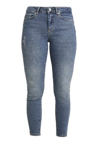 Blå skinny jeans med lätt slitna detaljer på låren och knäna, framknapp och blixtlås, samt femfickorsdesign.