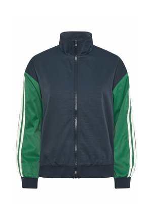 Giacca blu navy con zip, collo alto, maniche verdi con strisce bianche e polsini e orlo a coste.