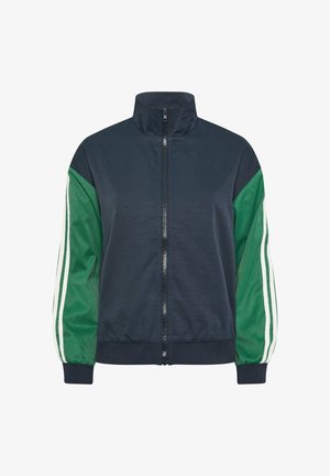 Granatowa kurtka na zamek z wysokim kołnierzem, zielone rękawy z białymi paskami oraz ściągacze na mankietach i u dołu.