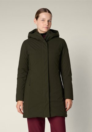 Olive green, knee-length puffer coat with a hood, featuring a zip closure, side pockets, and a smooth, insulated texture.