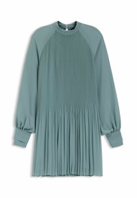 A pleated, long-sleeve dress in soft teal fabric. Features a crew neck, elastic cuffs, and a flared silhouette, enhancing flow and movement.