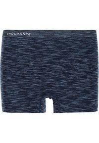 Marinblå kalsonger i mjukt, texturerat tyg med ett subtilt randmönster och en kort, slitsöppning i botten.