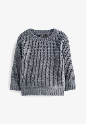 Jersey gris de punto con cuello redondo, patrón de punto texturizado, mangas largas y puños y dobladillo acanalados, mostrado plano.