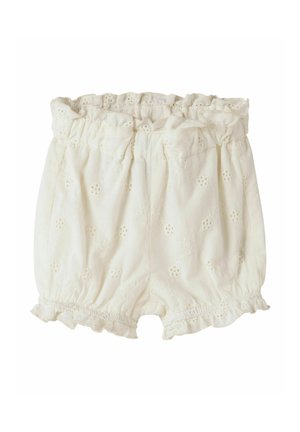 Babybleiebukser i kremfarge med elastisk midjebånd og benåpninger, med broderte blomstermønstre med hullbroderi og rynkede kanter.