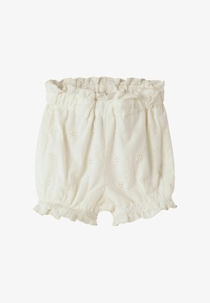 Mutandine per neonati color crema con vita elastica e aperture per le gambe, decorate con motivi floreali ricamati a occhiello e bordi arricciati.