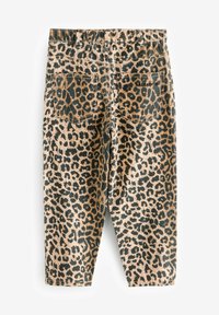 Shorts de mezclilla con estampado de leopardo que presentan una combinación de colores beige y negro, cinco bolsillos y una cinturilla elástica para mayor comodidad.