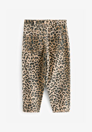 Džínové šortky s leopardím potlačou v béžovo-čiernej farebnej schéme, s piatimi vreckami a elastickým pásom pre pohodlie.