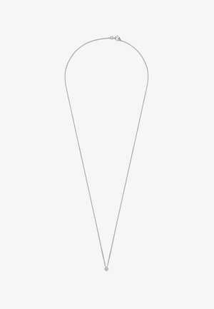 Collana d'argento con una catena sottile e un pendente a forma di cuore con un unico cristallo al centro. Design elegante e minimalista.
