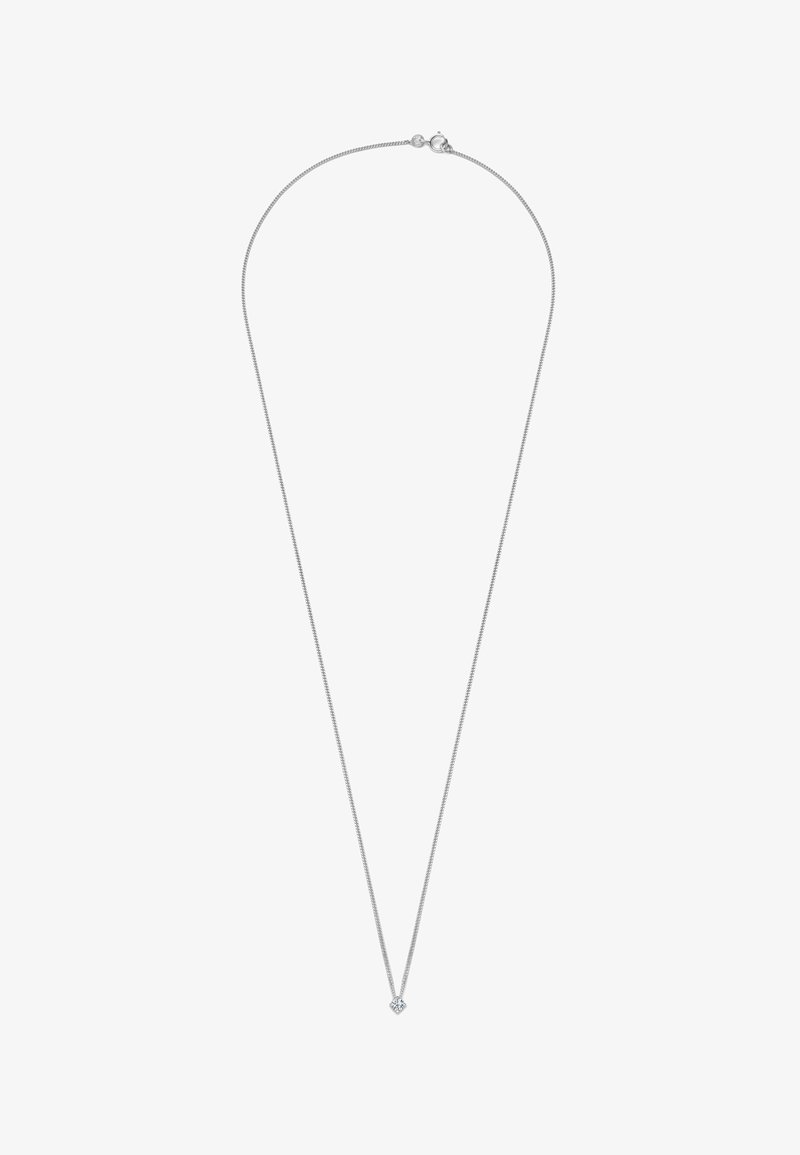 Hõbedane kaelakee peene ketiga ja südamekujuline ripats, mille keskosas on üks kristall. Lihtne ja minimalistlik disain.