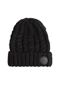 Black knitted beanie with a ribbed cuff and textured cable pattern. Features a round black logo patch labeled "ROXY" on the side.