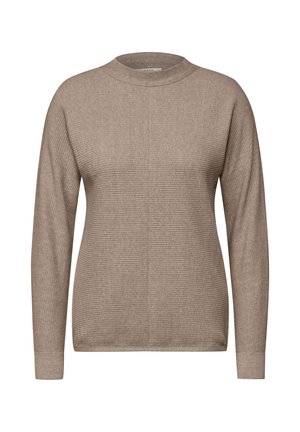 Maglione taupe a maniche lunghe con colletto alto, texture a coste e cuciture a contrasto; stile aderente con maniche leggermente affusolate.