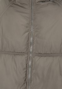 Šedá péřová bunda s vertikálním zipem, prošívaným designem, hladkou texturou a prošívanými detaily bez dalších výzdob.