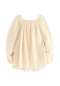 Ljuskrämsfärgad blus med fyrkantig halsringning, rynkade detaljer och voluminösa ärmar. Tillverkad av mjukt, slätt tyg med en flödande silhuett.