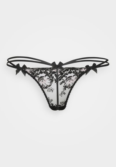 Čierne čipkované tangá s kvetinovou výšivkou, obsahujúce priehľadný sieťovaný materiál a ozdobné mašličky na páse. Nastaviteľné ramienka zlepšujú prispôsobenie a dizajn.