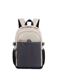 Zaino con tessuto beige, tasca frontale grigia, chiusura a doppia zip, tasche laterali in rete nere e spallacci imbottiti regolabili per il comfort.