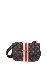 Borsa a tracolla con stampa monogramma marrone e blu navy, dotata di un accento a strisce rosse e beige e hardware argentato sul davanti.