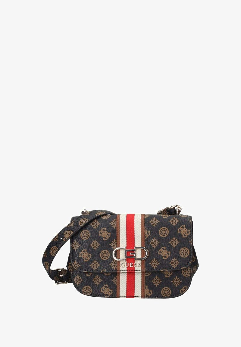 Borsa a tracolla con stampa monogramma marrone e blu navy, dotata di un accento a strisce rosse e beige e hardware argentato sul davanti.