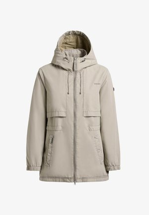 Beež kapuutsiga jakk esiküljel lukuga, kapuutsil tõmblukk, kummist varrukasääred ja neli klapiga taskut ees.