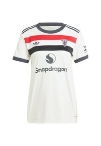 Maglietta atletica bianca con strisce orizzontali nere e rosse, logo Adidas, brand Snapdragon e maniche corte. Tessuto strutturato, scollatura rotonda.