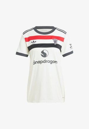 Maglietta atletica bianca con strisce orizzontali nere e rosse, logo Adidas, brand Snapdragon e maniche corte. Tessuto strutturato, scollatura rotonda.