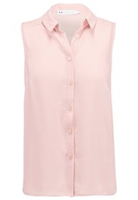 Lys pink ærmeløs bluse lavet af glat stof, med en knap-up foran og en klassisk krave uden synlige mønstre.