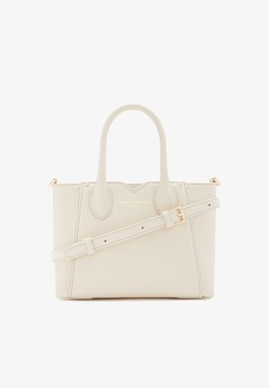 Weiße strukturierten Lederhandtasche mit zwei oberen Griffen, verstellbarem Riemen, goldenen Beschlägen und geprägtem Logo auf der Vorderseite. Kompakte und strukturierte Form.