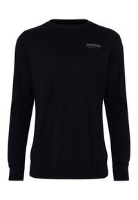Felpa nera a maniche lunghe in cotone, con scollo rotondo e polsini a coste. Presenta un logo stampato discreto sul petto.