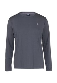 Chemise à manches longues en coton gris foncé. Encolure ronde, coupe décontractée, présente un petit logo sur la partie supérieure gauche de la poitrine.
