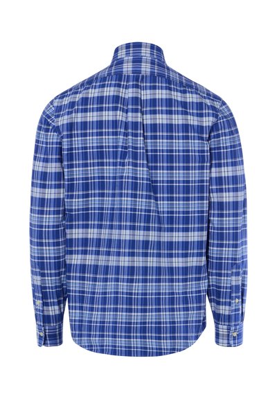 Chemise à carreaux bleue et blanche à manches longues avec poignets boutonnés vue de dos.