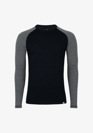 Pitkähihainen paita, jossa on tummansininen runko ja vaaleanharmaat raglan-hihat. Pehmeä kangas, muotoiltu malli ja pieni logo hemuksessa.