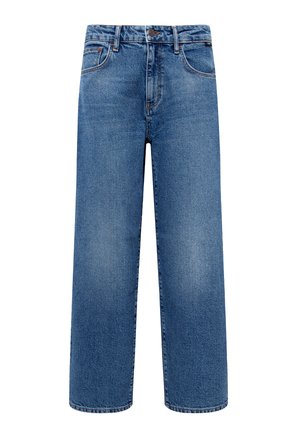 Wide-leg blue denim jeans with a straight cut, five pockets, and a classic button closure. Features light fading and subtle stitching details.