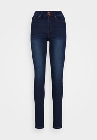 Tmavě modré úzké džíny s vysokým pasem vyrobené z denimu, se zapínáním na přední knoflík a klasickým pětPocket designem s jemným prošíváním.