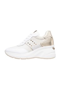 White sneaker with mesh and leather materials, gold accents on the heel, raised white sole, and decorative studs on the side.
