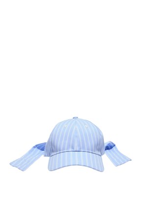 Light blue baseball cap with vertical white stripes and two long fabric ties extending from the back on a white background.
