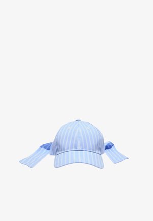 Light blue baseball cap with vertical white stripes and two long fabric ties extending from the back on a white background.