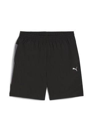 Sorte atletiske shorts med elastisk talje, grå sidelogsdetaljer og et lille hvidt Puma-logo nederst til højre. Letvægtsstof.