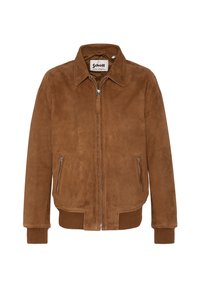 Veste aviateur en daim marron avec fermeture éclair à l'avant, deux poches latérales et poignets en tricot côtelé. Dotée d'un col classique et d'une texture lisse.