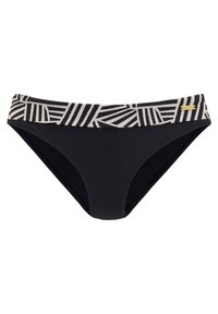Črne bikini hlačke z elastičnim pasom z vzorcem, ki vsebuje geometrijske oblike v bež in črni barvi; izdelane iz gladkega, raztegljivega blaga.