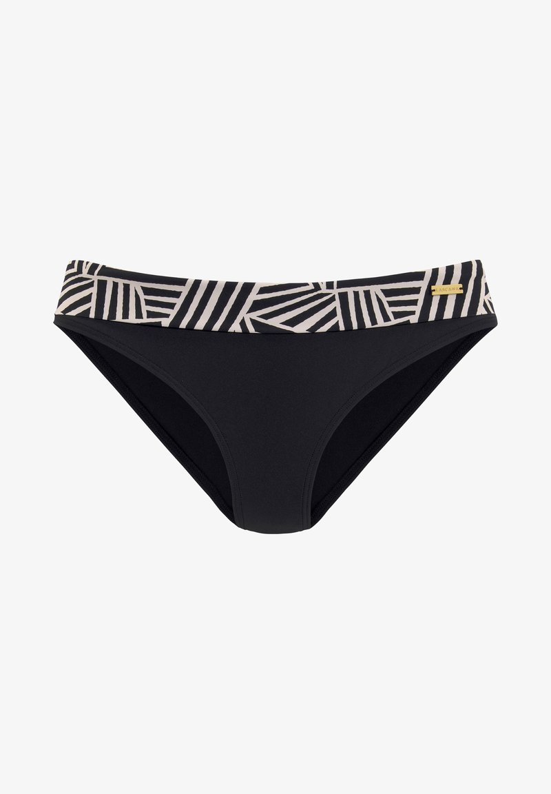 Črne bikini hlačke z elastičnim pasom z vzorcem, ki vsebuje geometrijske oblike v bež in črni barvi; izdelane iz gladkega, raztegljivega blaga.