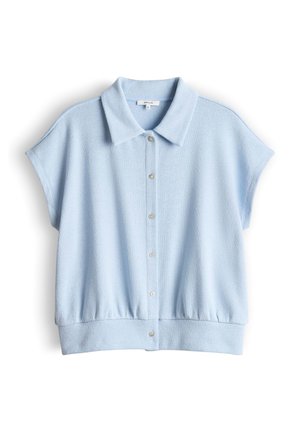 Lichtblauw gebreid vest met korte mouwen, een kraag en knopen aan de voorkant, met een brede geribbelde zoom en een losse pasvorm.