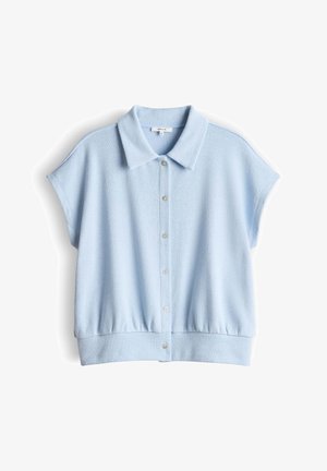 Cardigan en maille bleu clair à manches courtes avec col et boutons sur le devant, doté d'un large bord-côte et d'une coupe ample.