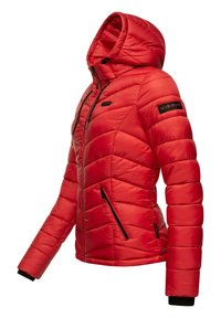 Red padded jacket with a hood, featuring black zipper pockets, ribbed cuffs, and a branded patch on the left sleeve. Smooth, shiny texture.