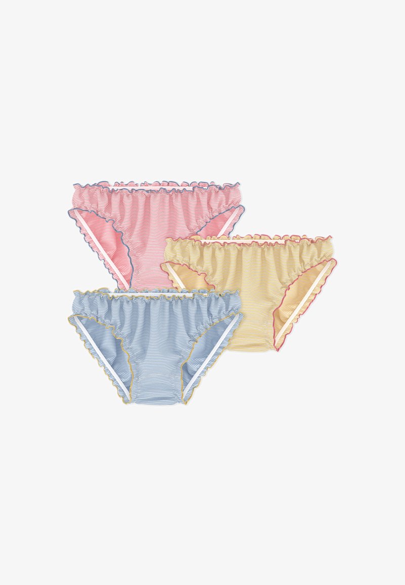Τρία ζευγάρια βολάν εσωρούχων: ροζ, γαλάζιο και κίτρινο με λευκή και αντίθετη σε χρώμα διακόσμηση, με ριγωτό μοτίβο και ραμμένα βολάν στα άκρα.