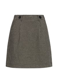 Sort-hvidternet mini nederdel med to frontknapper, plisseret design og lige silhuet. Lavet af et letvægtsstof.