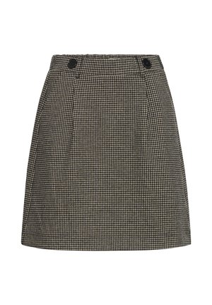 Melnbalta šaha raksta mini svārki ar divām priekšējām pogām, krokotu dizainu un taisnu siluetu. Izgatavoti no vieglas auduma.