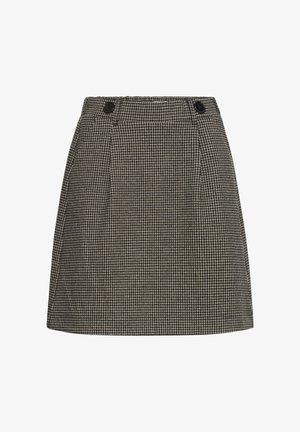 Schwarz-weißer karierten Minirock mit zwei vorderen Knöpfen, gefaltetem Design und gerader Silhouette. Hergestellt aus einem leichten Stoff.