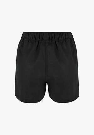 Black shorts with an elastic waistband. Soft fabric, simple design, and slightly rounded hem at the bottom. No visible patterns or logos.